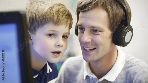 Father and Son Learning Together on Computer