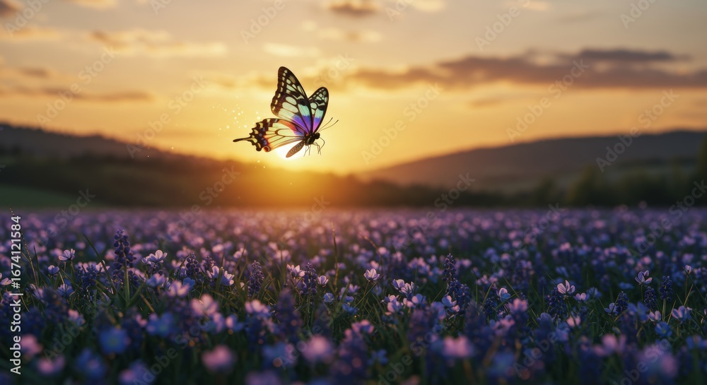 Fototapeta premium Luminous butterfly gracefully flitting over a vibrant flower meadow at sunset