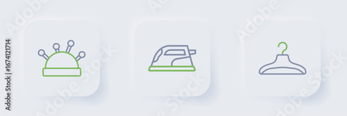 Set line Hanger wardrobe, Electric iron and Needle bed and needles icon. Vector