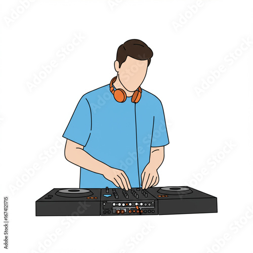An illustration of a male DJ with headphones mixing music on a professional turntable setup.