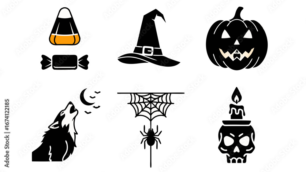 Obraz premium Set of Halloween Icons Including Pumpkin, Spider, Witch Hat, Skull, and Candies