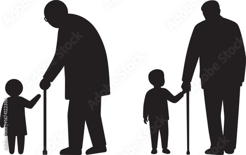 Generations connecting two elderly men and young children holding hands silhouette isolated on white background