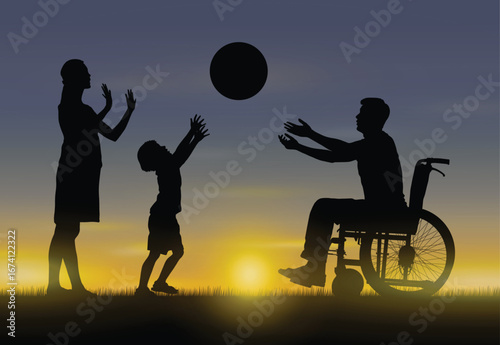 Father in wheelchair playing catch a ball with wife and son on grass field outdoor black silhouette against bright sunset background.