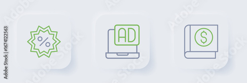 Set line Financial book, Advertising and Discount percent tag icon. Vector
