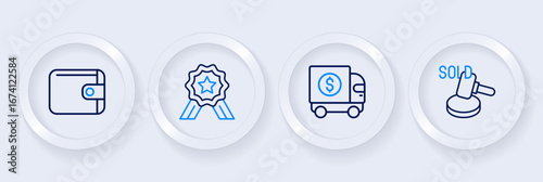 Set line Auction hammer, Armored truck, Stars rating and Wallet icon. Vector