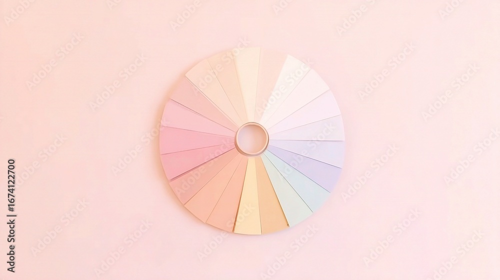 Obraz premium Pastel color palette wheel displayed on soft pink background, circular arrangement of gentle hues including blue, green,yellow,purple, minimal design for creativity, art, fashion,modern inspiration
