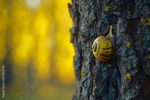 Striped Snail on Tree Bark Autumn Background