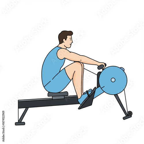 Man using rowing machine, indoor workout, fitness exercise, healthy lifestyle.