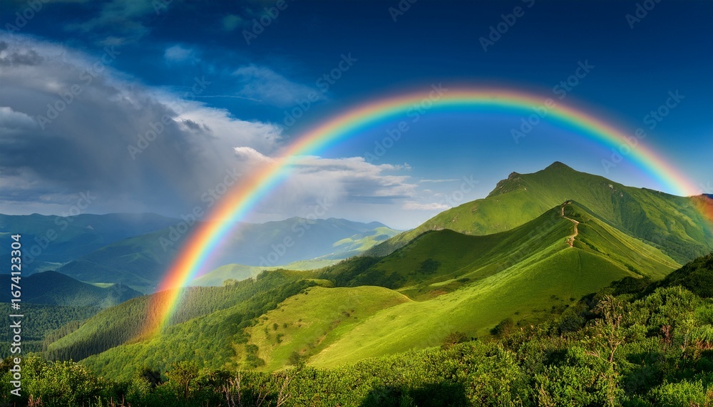 Obraz premium vision of a rainbow gracefully curving over a verdant emerald hued mountain epitomizing harmonious fusion of nature exuberant magnificence