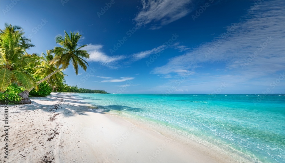 Fototapeta premium a serene tropical beach with palm trees lining the shore and crystal clear turquoise water lapping gently