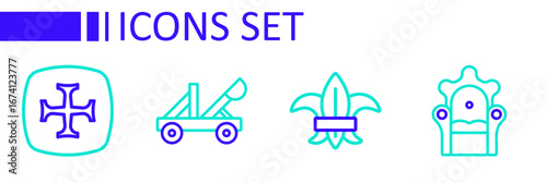 Set line Medieval throne, Fleur de lys or lily flower, catapult and Crusade icon. Vector