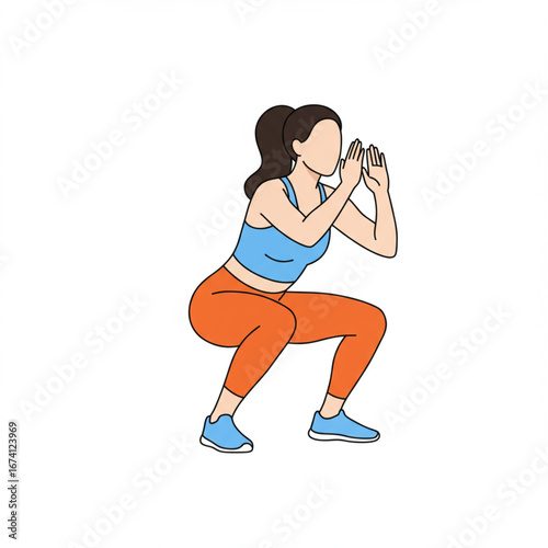 An illustration of a woman performing a squat exercise, demonstrating a fitness workout.