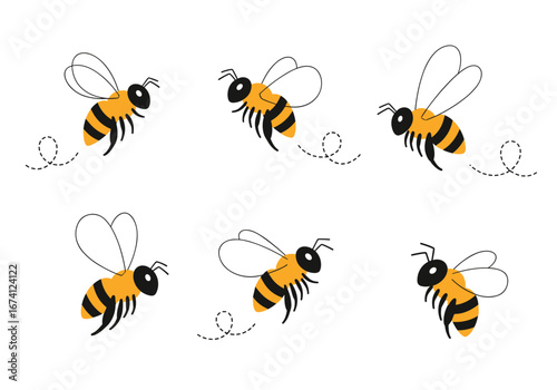 Illustrations of six busy bees flying with dotted lines showing their flight paths
