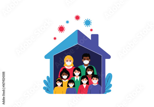A diverse family staying safe inside their home protecting themselves from the global virus outbreak with face masks