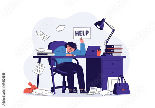 Overwhelmed professional facing a mountain of paperwork and urgent tasks requesting assistance for workplace stress and burnout
