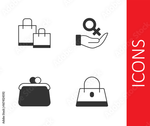 Set Handbag, Paper shopping, and Female gender symbol icon. Vector