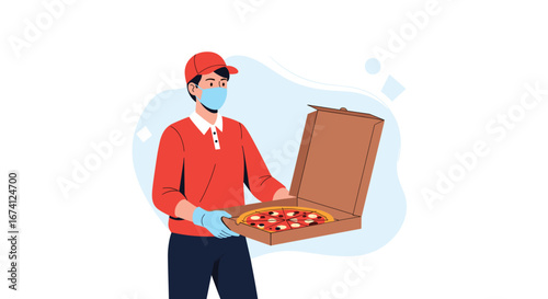 Illustrative depiction of a person delivering a delicious hot pizza with caution and care in modern times