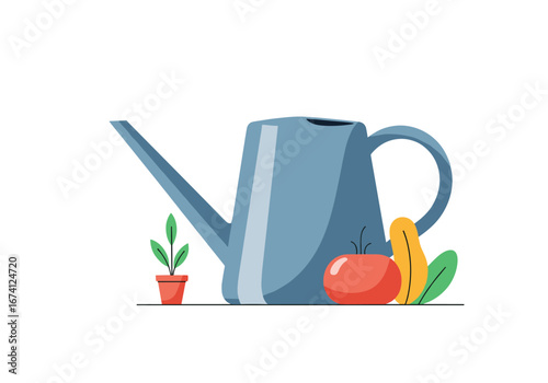 Growing fresh vegetables using a watering can for garden plants and healthy living