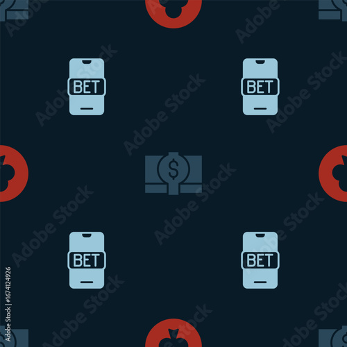 Set Playing card with clubs symbol, Stacks paper money cash and Online sports betting on seamless pattern. Vector