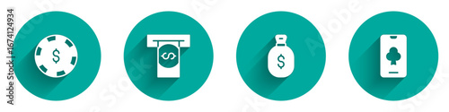 Set Casino chip with dollar, Automated teller machine and money, Money bag and Online poker table game icon with long shadow. Vector