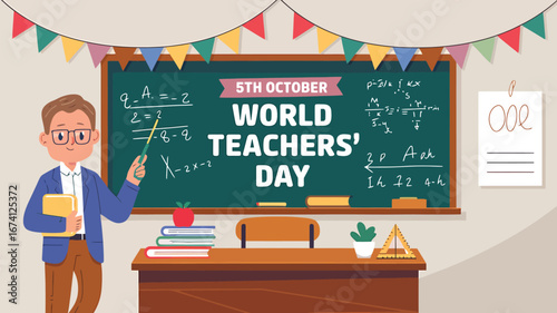 Vector art of a male teacher stands in front of a blackboard with the text world teachers day written on it, celebrating the occasion with students and colleagues