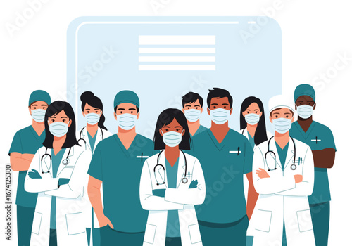 Diverse group of medical professionals standing together ready to provide care