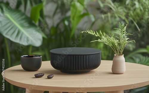 Serene Black Container on Wooden Table with Greenery