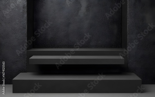 Three Tiered Black Product Display Platform Minimalist Studio Backdrop