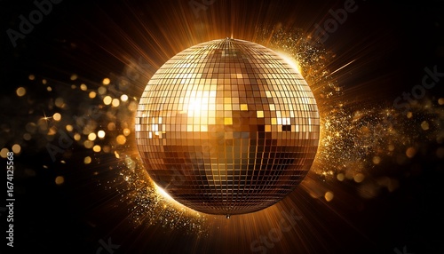 shimmering gold disco ball with black background and sparkling effects
