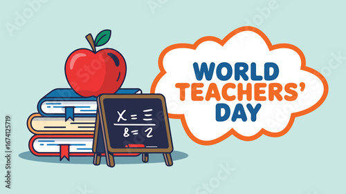 Vector art of a stack of books with an apple on top and a small blackboard displaying a math equation, next to a cloud with world teachers day text