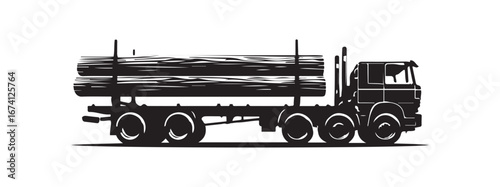 Black and White Silhouette of a Logging Truck Carrying Lumber
