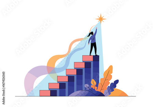 Reaching for the star at the top of the growing business chart illustration