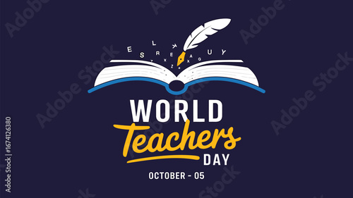 Vector art of world teachers day celebrated with an open book and a quill pen, symbolizing knowledge and education on a dark blue background
