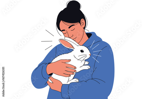 A young person cherishes a small fluffy white rabbit held gently against their cheek