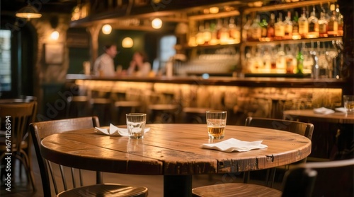 The pub interior with a wooden table and soft lighting emphasizes the warm atmosphere. The background with the bar counter remains blurred.