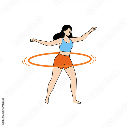 A woman in activewear twirling a hula hoop around her waist, exercising.