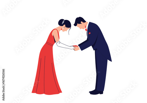 Elegant couple performing a formal bow in classic evening attire showcasing graceful etiquette and polite gesture of respect