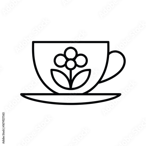 Simple black and white line drawing of a flower teacup and saucer vector illustration white background