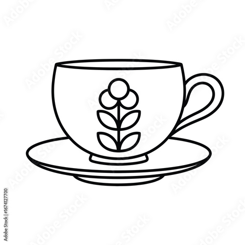 Simple black and white line drawing illustration of a tea cup with flower motif and saucer vector art white background