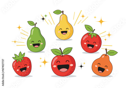 Whimsical cartoon fruit friends gathering with sparkling accents and joyful expressions