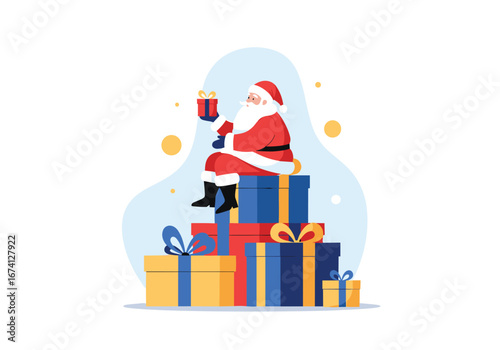 Festive santa claus sitting atop a pile of colorful gift boxes spreading holiday cheer