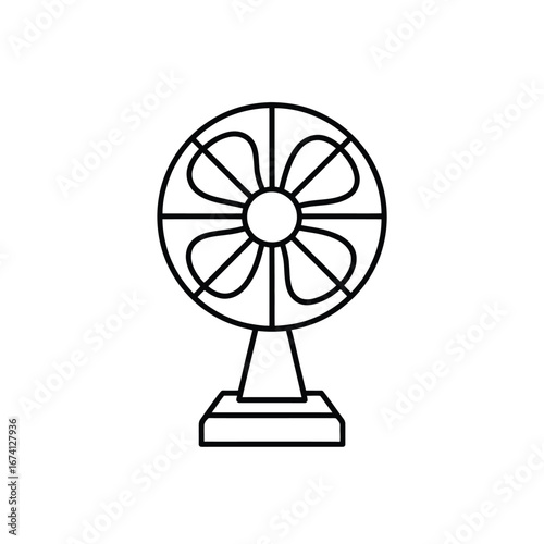 Simple line art vector graphic of a black and white desk fan illustration scalable for various projects white background