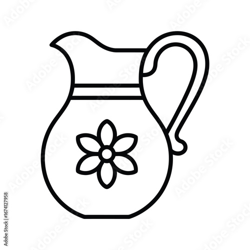 Simple line art vector drawing of a decorative pitcher with a flower motif white background