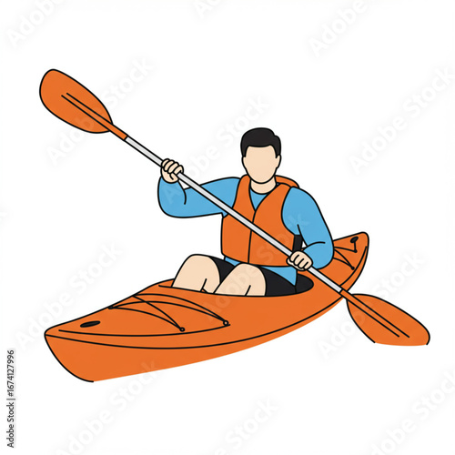 A person in an orange kayak paddling with a double-bladed oar, wearing a life vest, engaged in a recreational water sport.