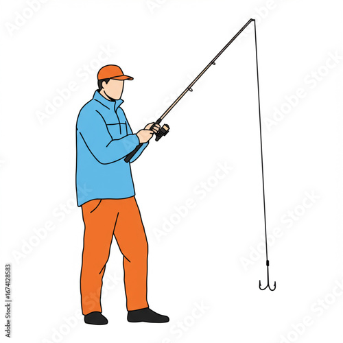 A man in orange pants and a blue jacket fishing with a rod, hook, and line.