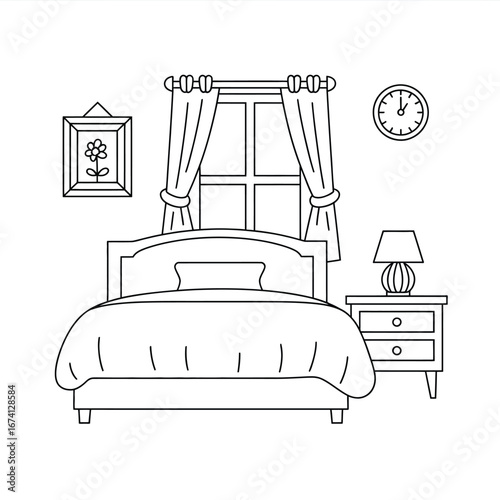 Simple black and white line drawing of a bedroom scene with bed curtains clock and nightstand white background