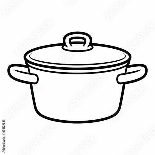 Simple black and white outline drawing of a cooking pot with lid vector illustration white background