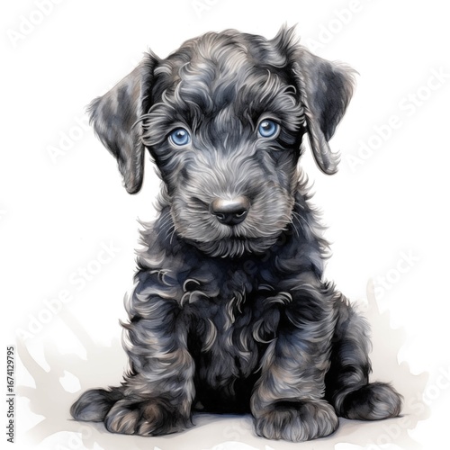 This illustration shows a small, dark-haired puppy with striking blue eyes sitting calmly and looking directly at the viewer.