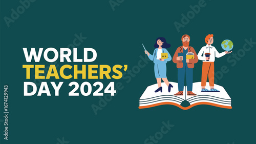 Vector art of commemorating world teachers day 2024, featuring educators on an open book, symbolizing the spread of education and enlightenment, on a dark green canvas