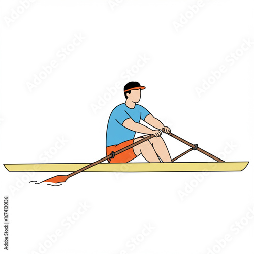 A person rowing a boat on water, using oars for propulsion, in a sunny environment.